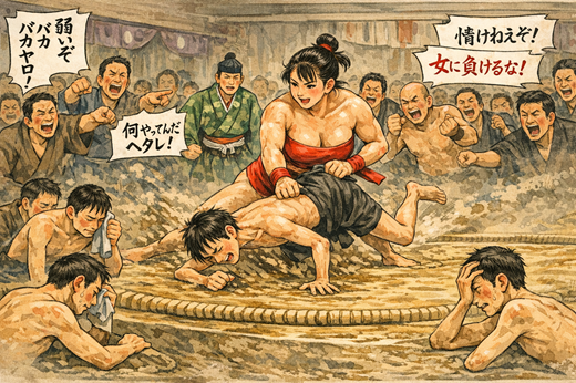 昭和初期の女力士に負けた恥ずかしい男の想像図